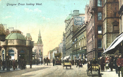 via Wikimedia Commons https://upload.wikimedia.org/wikipedia/commons/7/78/Glasgow_Cross_looking_West_postcard_1900s.jpg